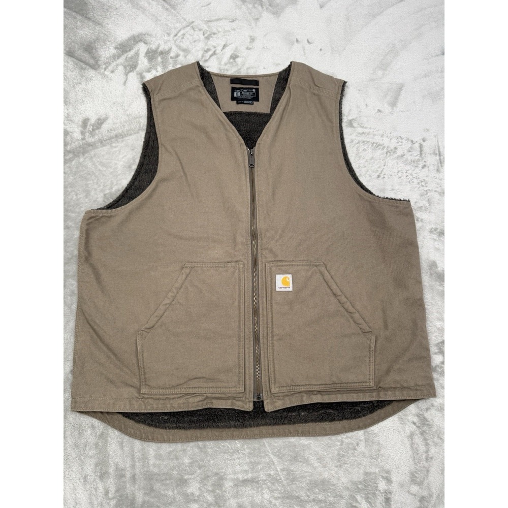 Carhartt Sherpa Lined Vest Mens XL Duck Canvas Brown Driftwood Workwear Utility